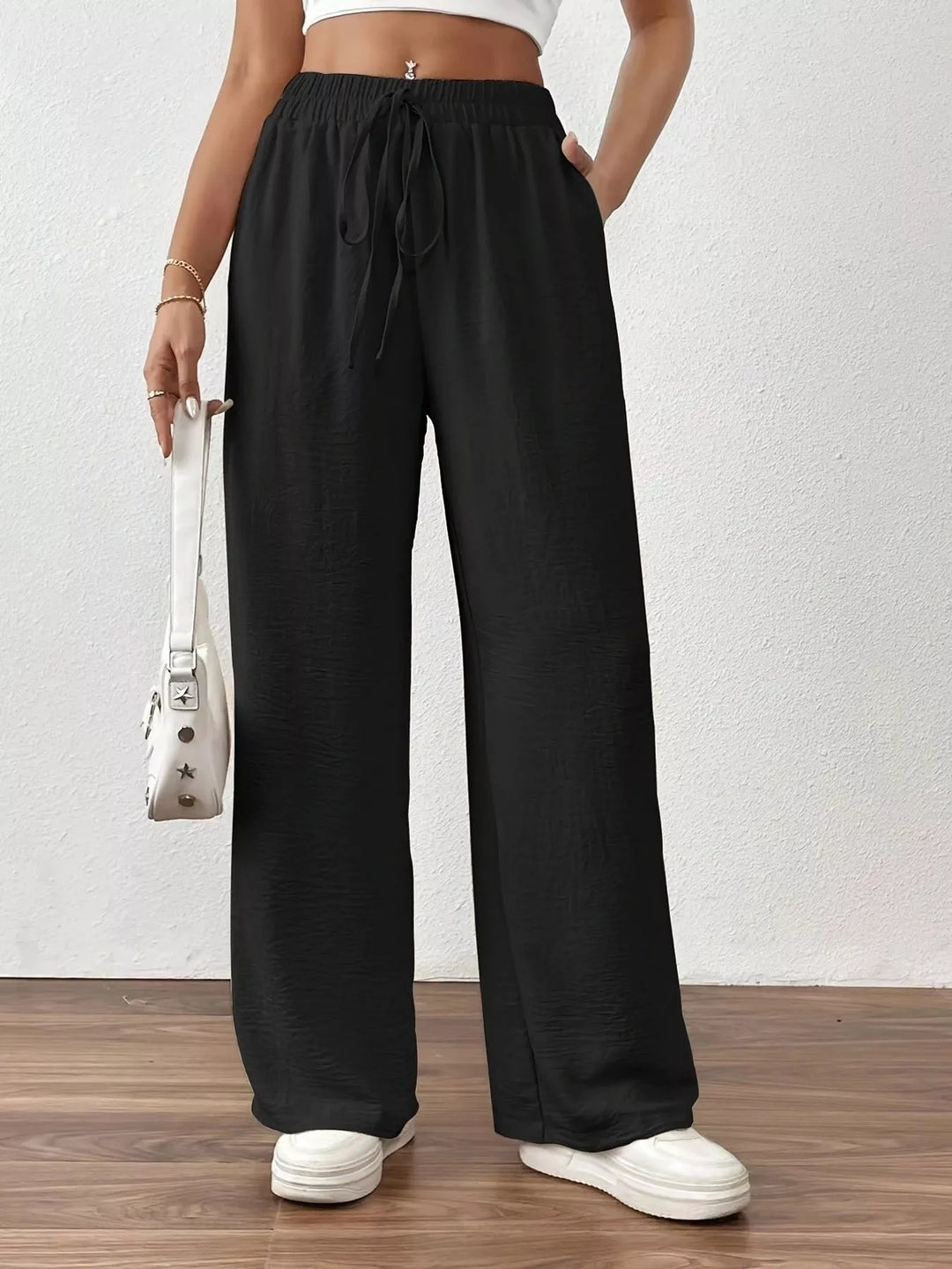 Black Casual Drawstring Wide Leg Pants