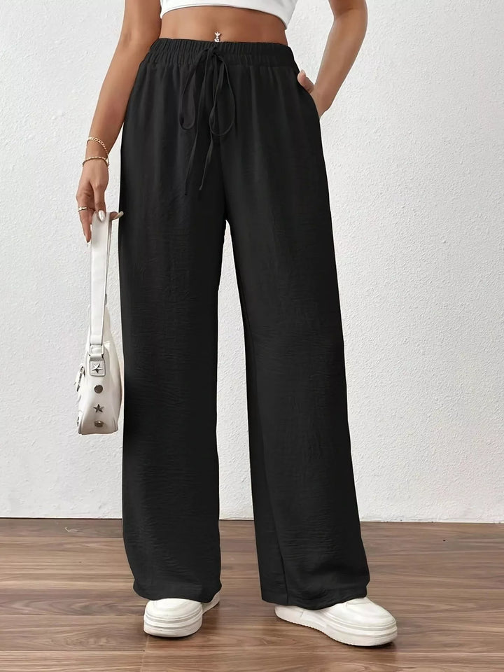 Black Casual Drawstring Wide Leg Pants