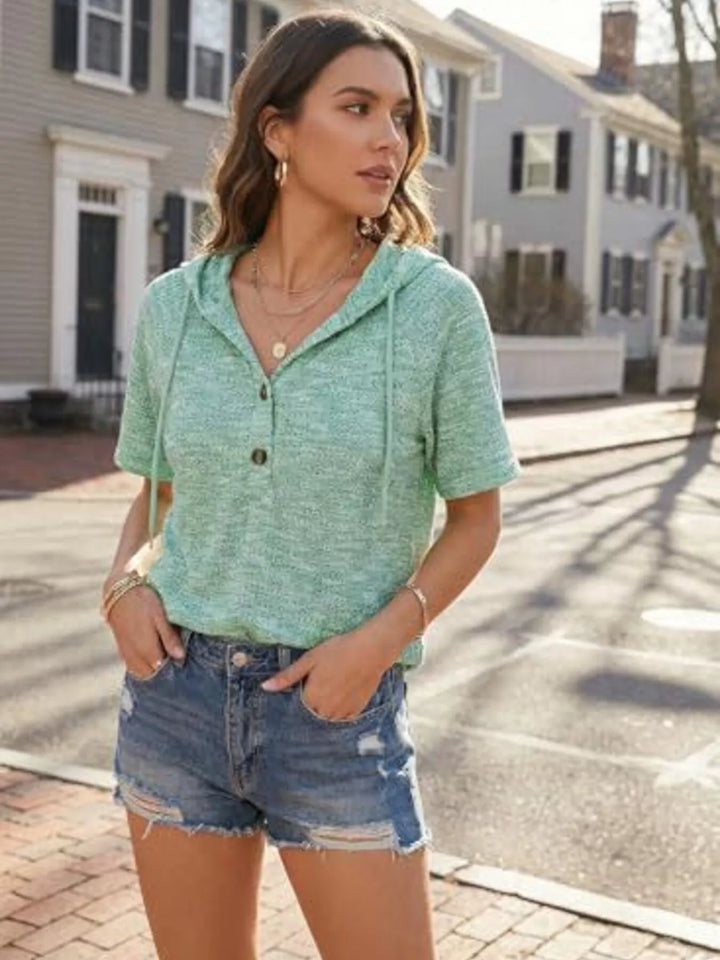 Waffle knit hoodie top with button placket and drawstring