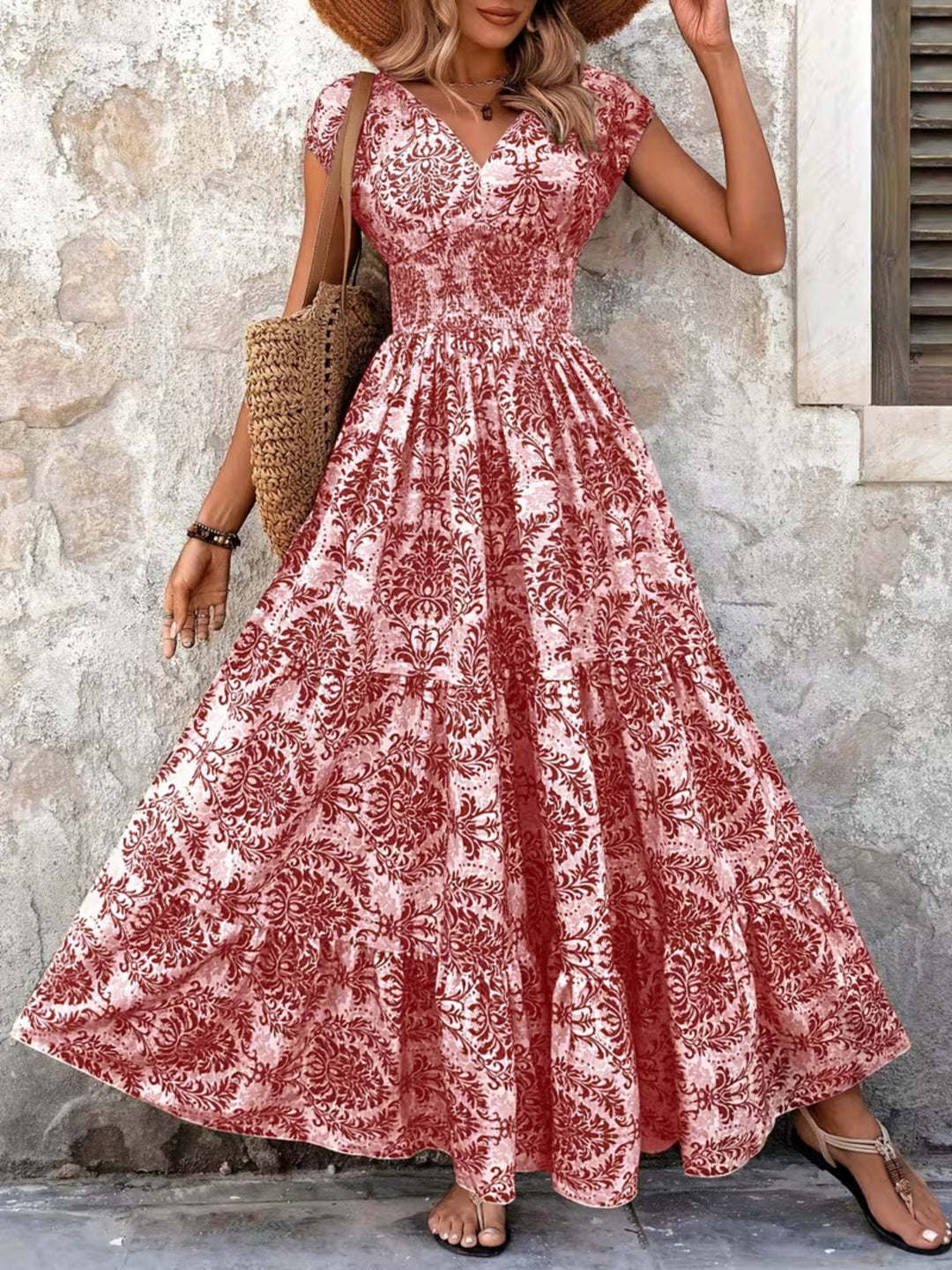 Red Smocked tiered maxi dress with cap sleeves and side slit