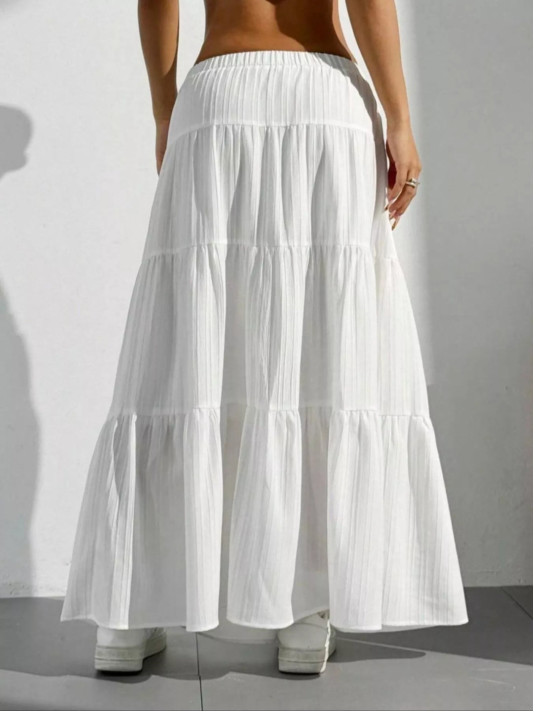 Tiered ruched maxi skirt with elastic waist