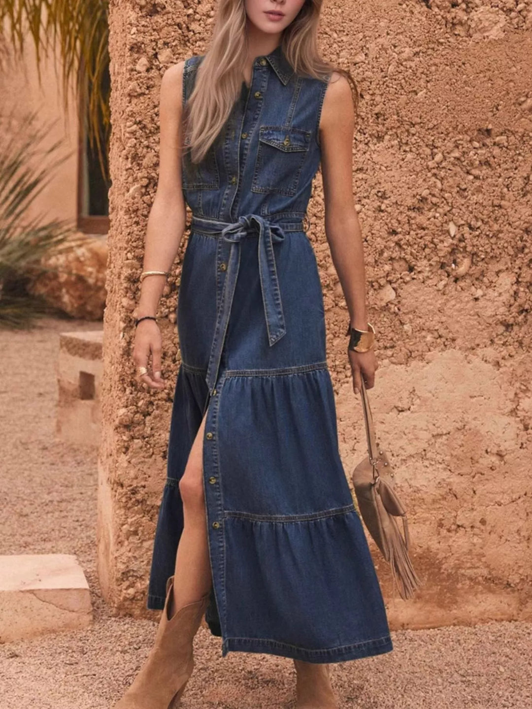Sleeveless button-front tiered denim maxi dress