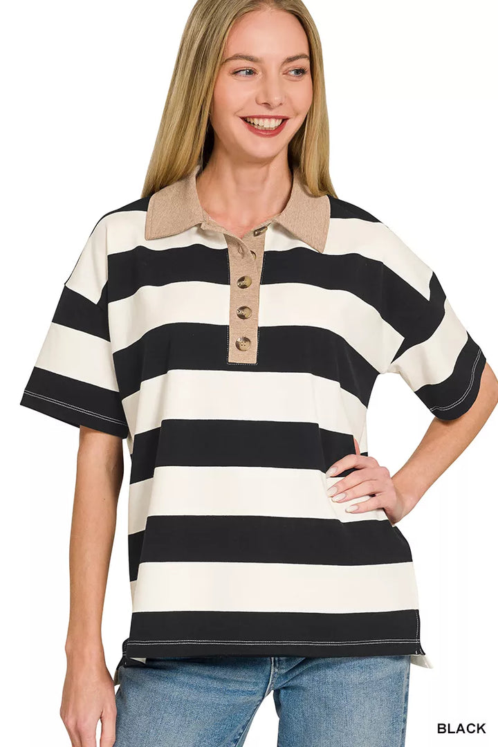 BLACK Striped polo top with contrast collar and button placket