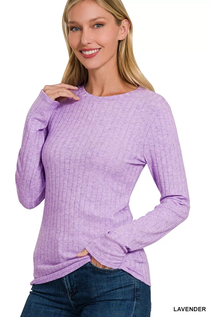 LAVENDER Ribbed long sleeve round neck fitted top