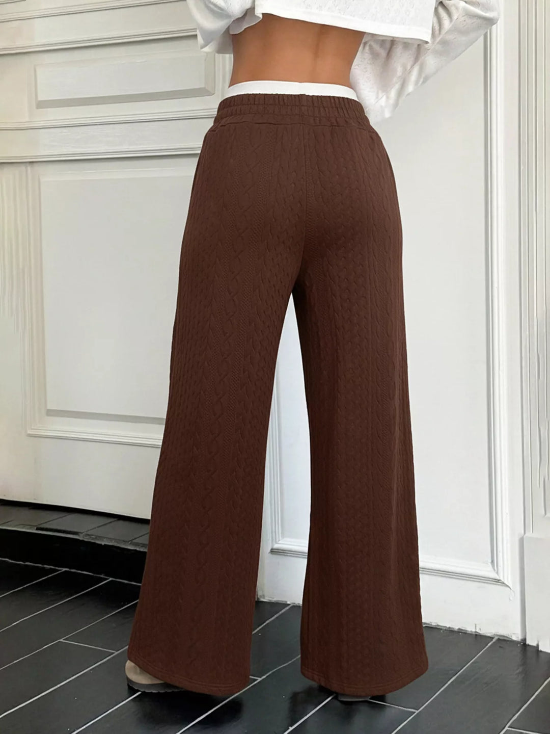 Diamond-textured wide-leg pants with contrast waistband