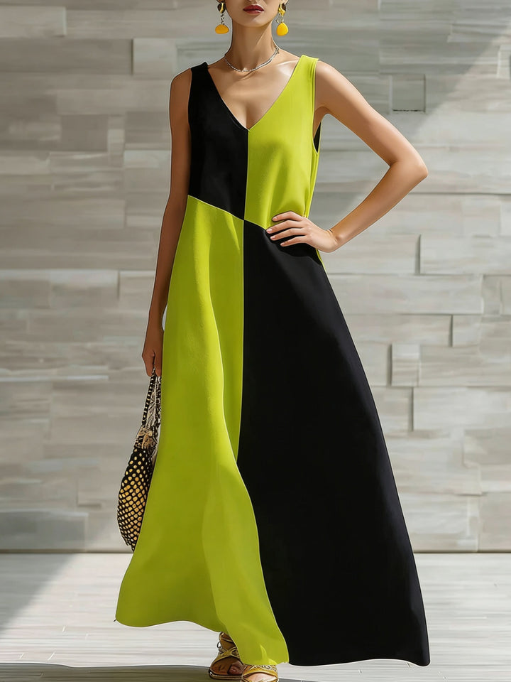 Color block sleeveless V-neck maxi dress