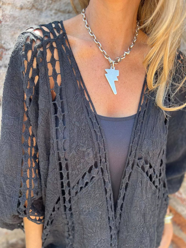 Embroidered floral lace open-front cardigan with crochet trim