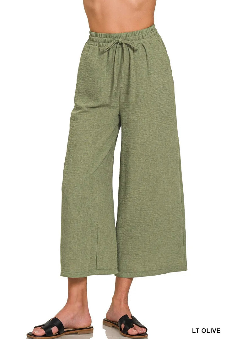 Woven crepe wide-leg cropped pants with drawstring waist