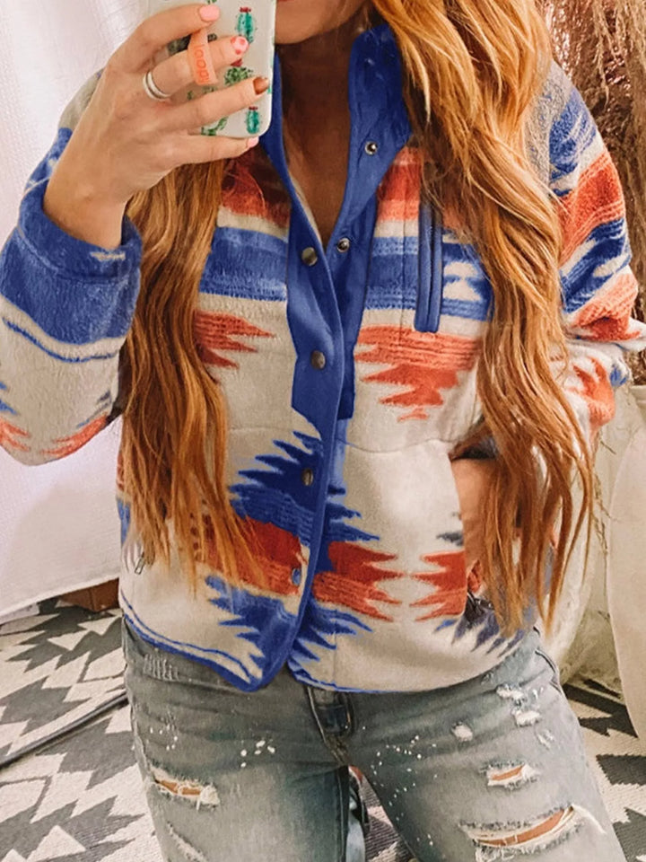 Aztec print fleece snap-front jacket with zip chest pocket