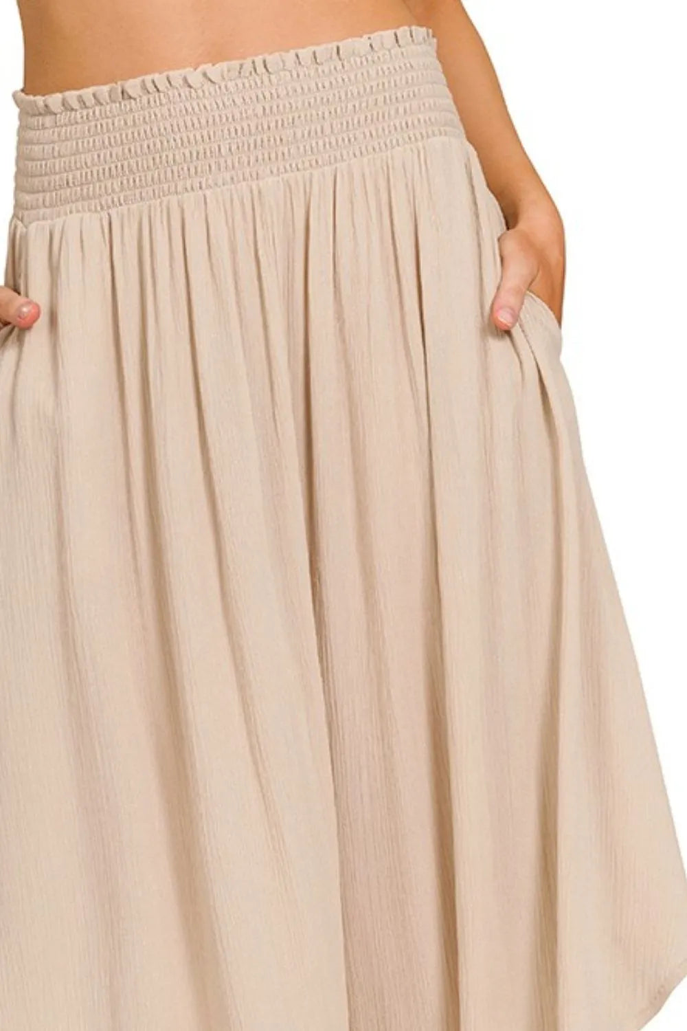 Crinkle smocked-waist high-low maxi skirt with pockets