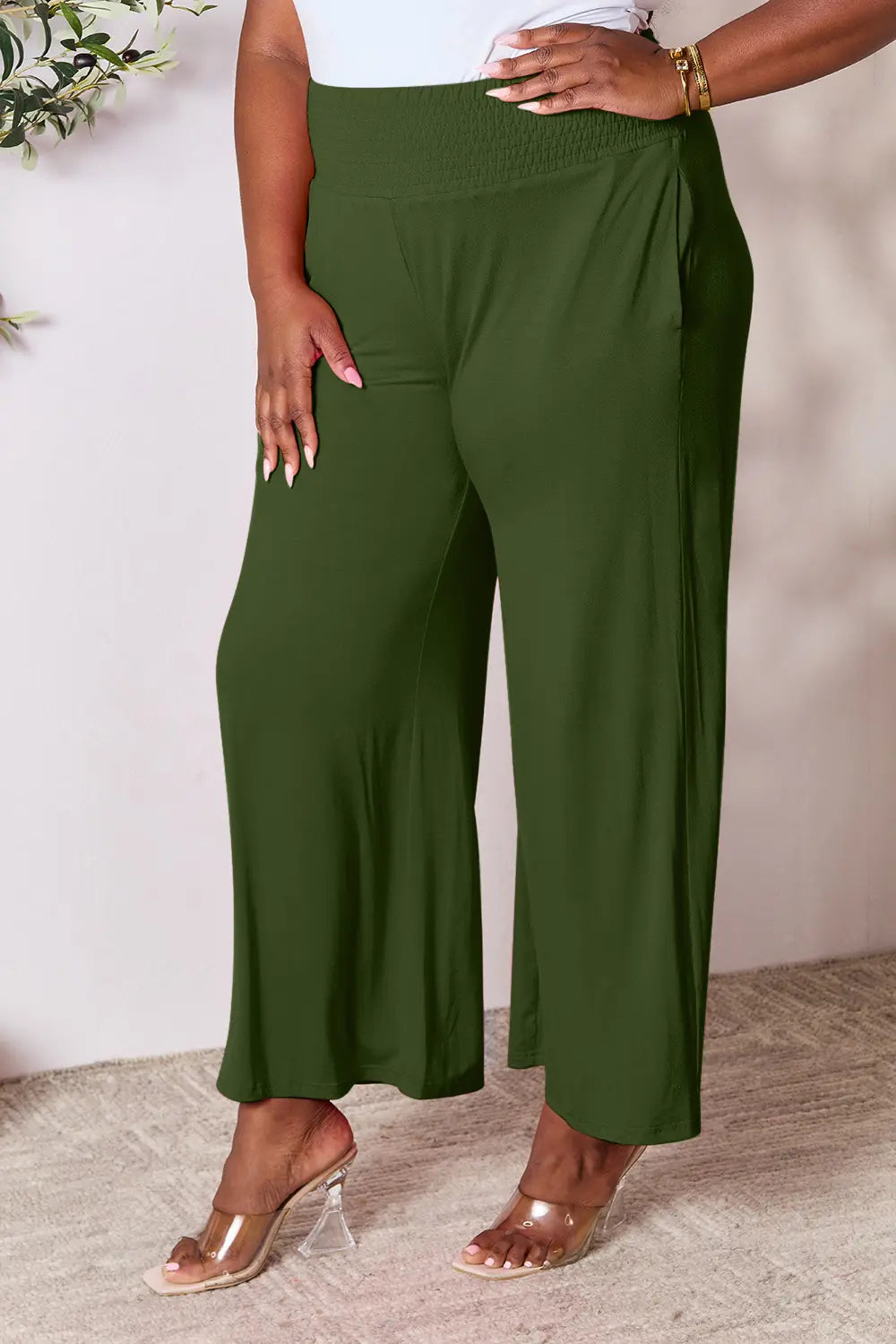 Smocked wide-waistband wide-leg jersey pants with pockets