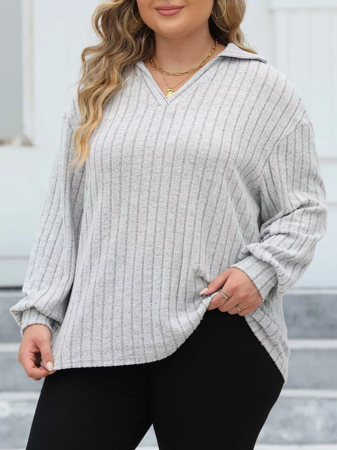 Plus size ribbed knit polo collar long-sleeve top