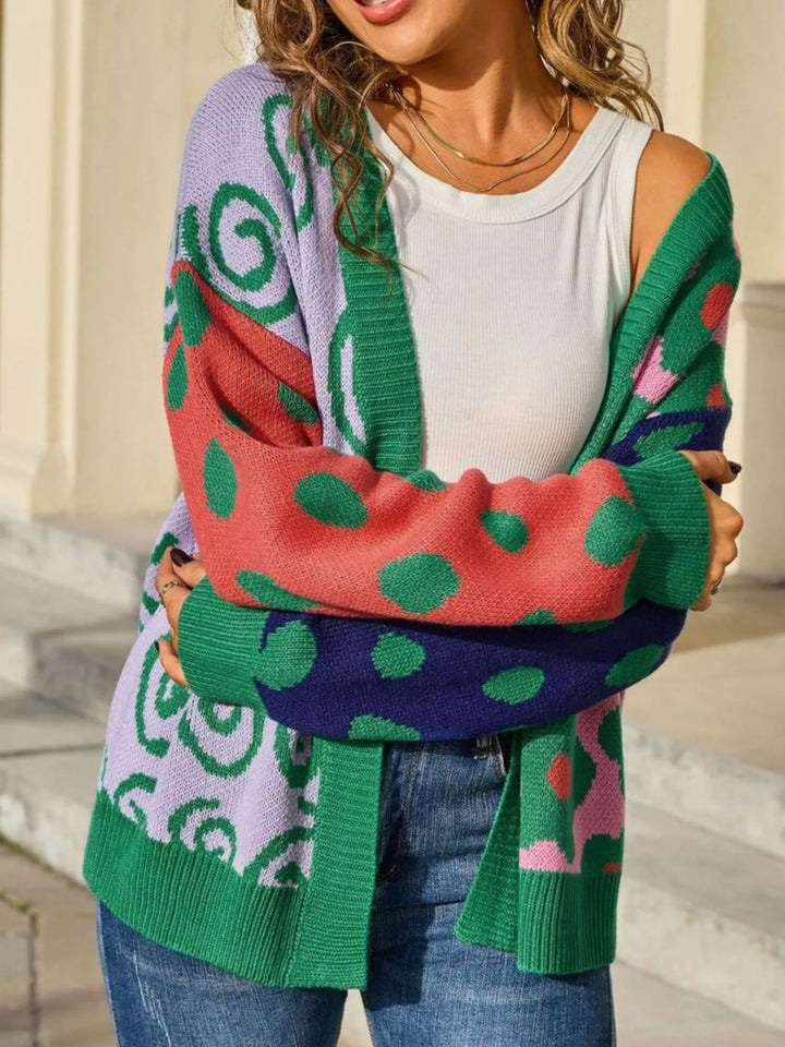 Floral colorblock open-front knit cardigan