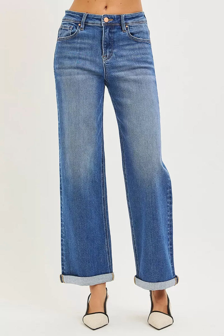 MEDIUM High rise relaxed straight leg jeans with cuffed ankle hem