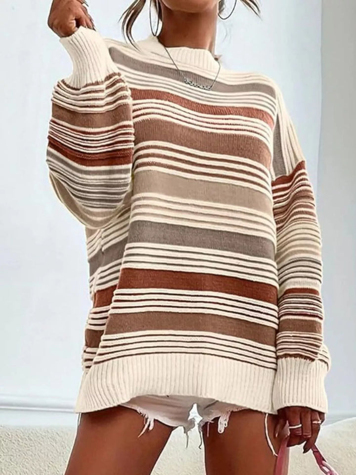 Striped mock neck relaxed knit pullover sweater