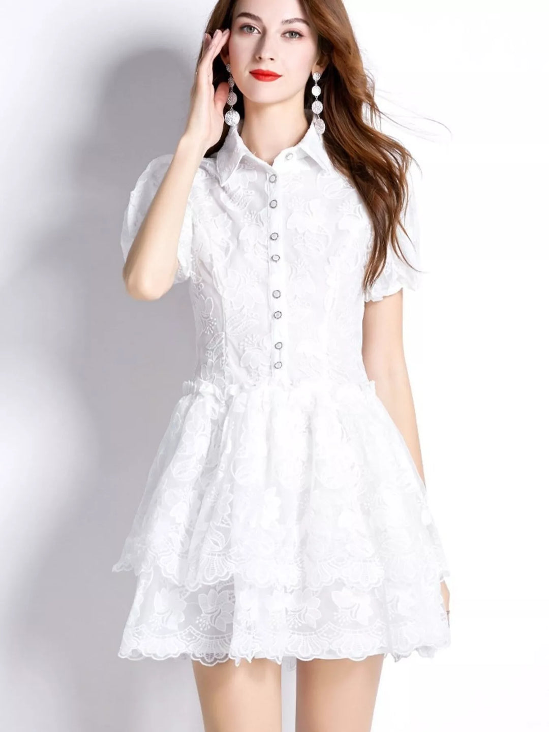 Floral lace puff sleeve mini dress with tiered skirt
