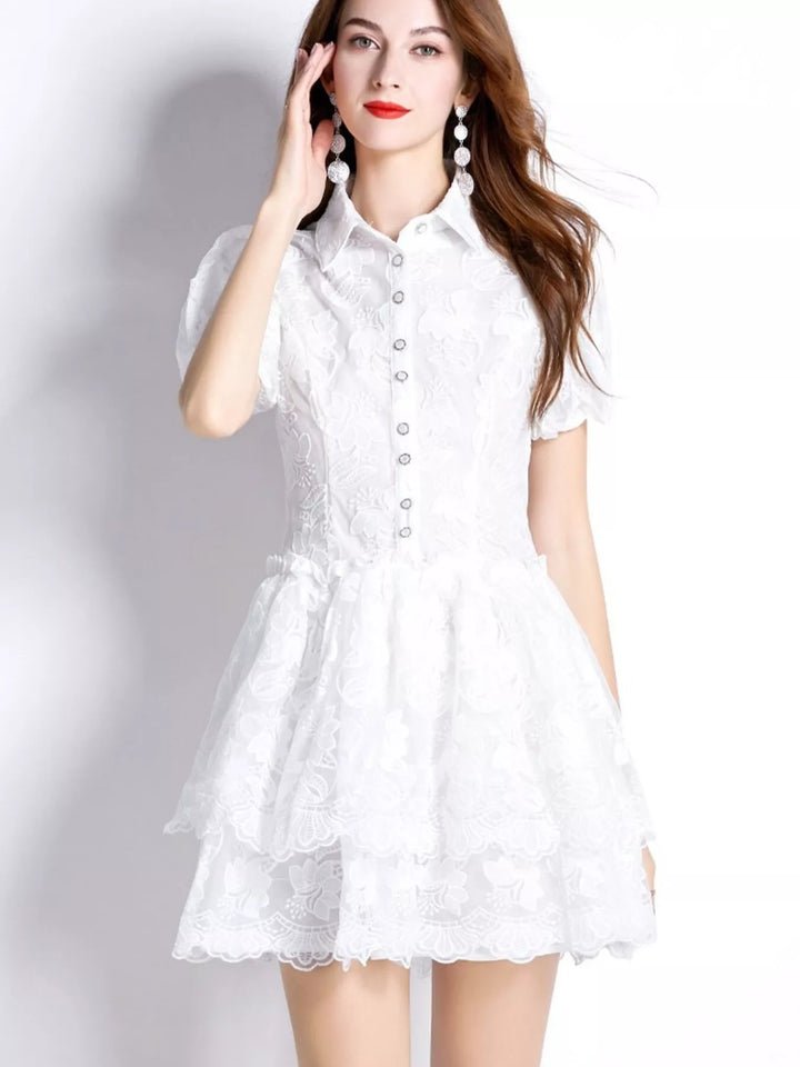 Floral lace puff sleeve mini dress with tiered skirt