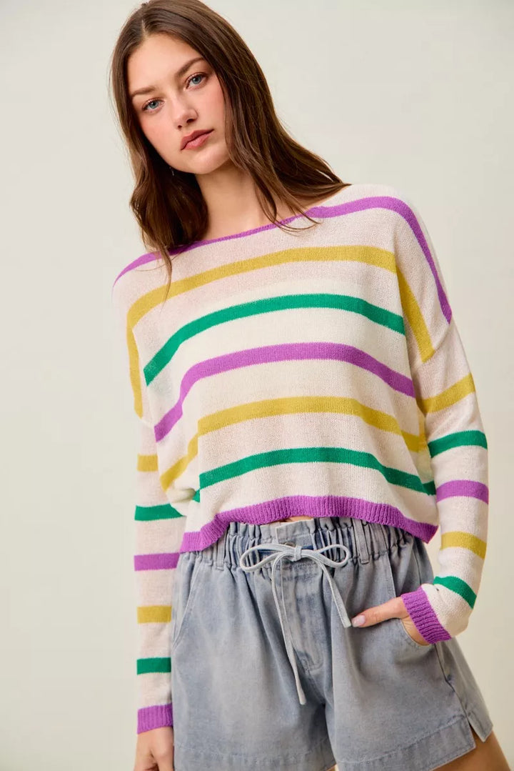 Color stripe lightweight knit sweater with boat neck