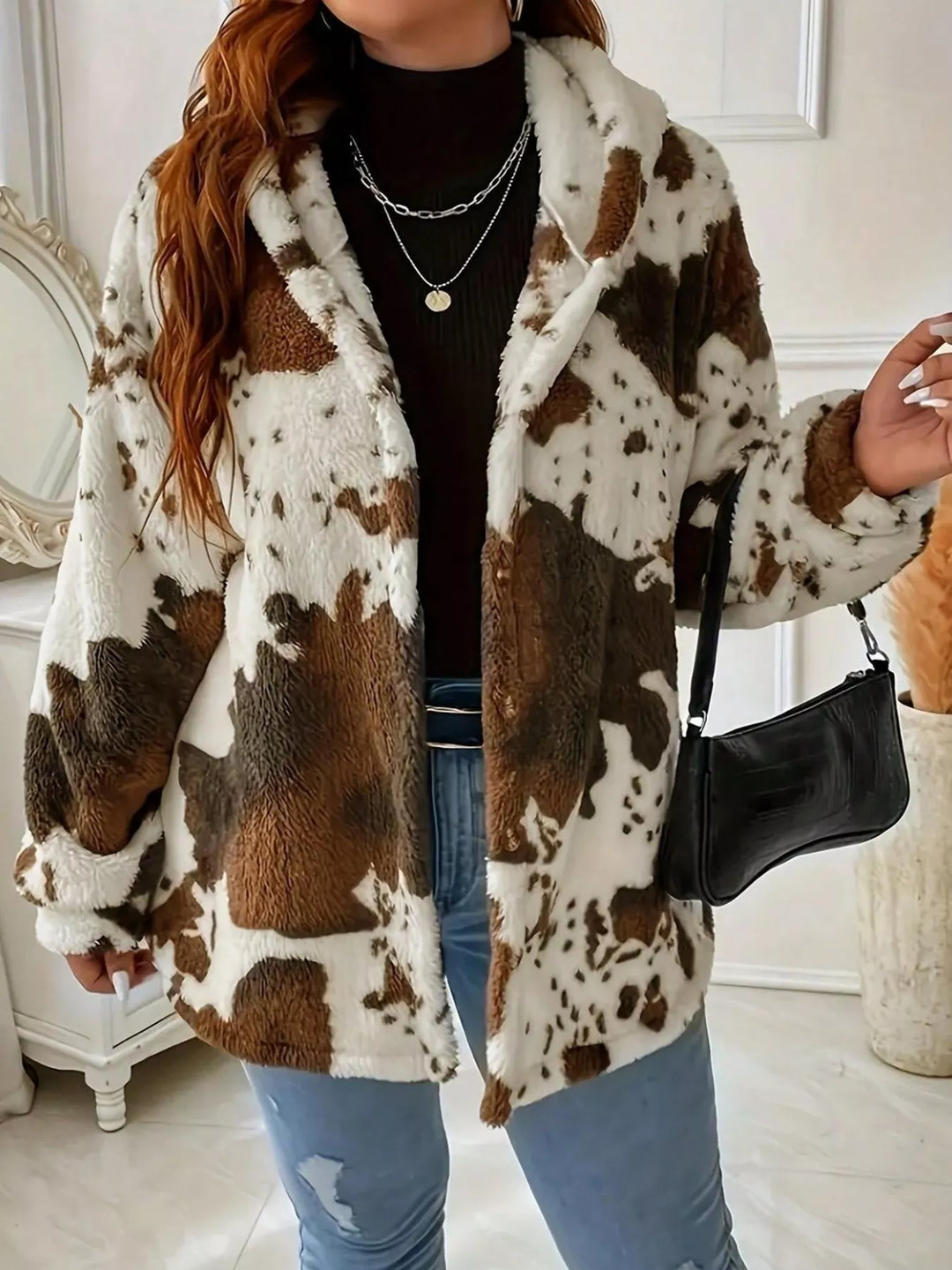 White Brown Cow print plush fleece hooded jacket with button front
