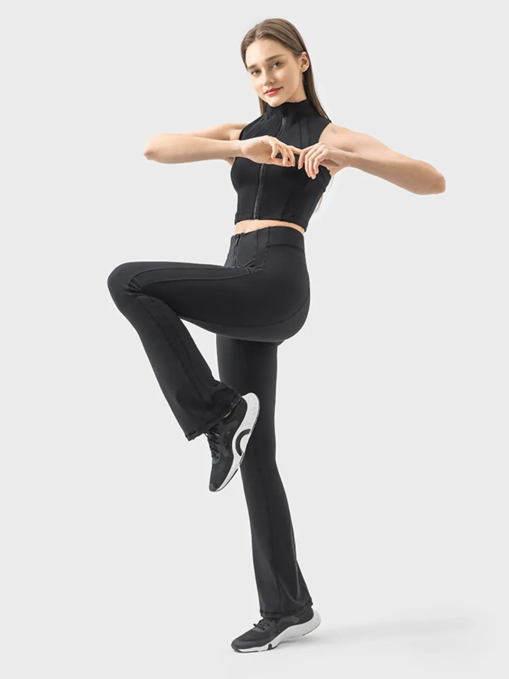 High-waist flare active pants with front zip detail