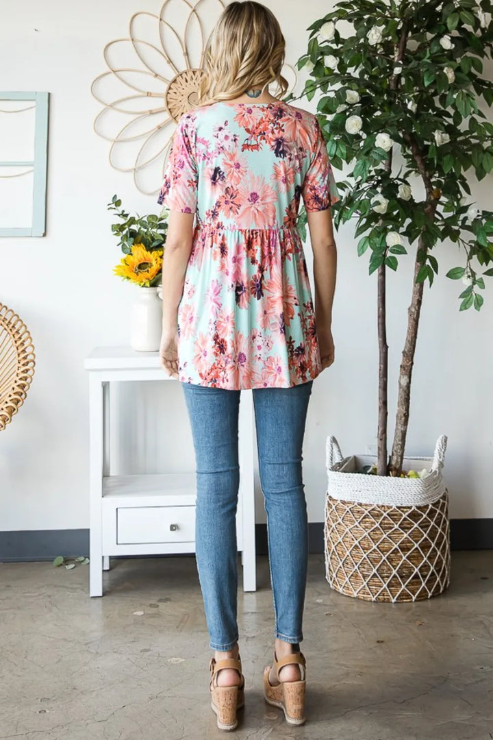 Floral V-neck short sleeve babydoll tunic top