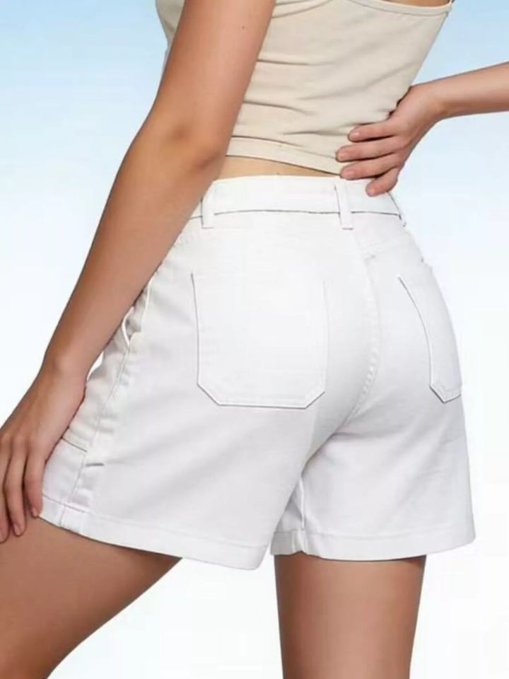 Patch pocket mid-rise denim shorts with cuffed hem