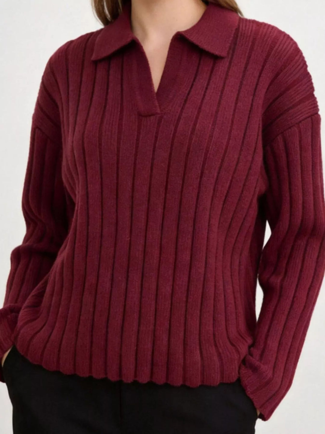 Ribbed knit polo collar sweater with split V-neck