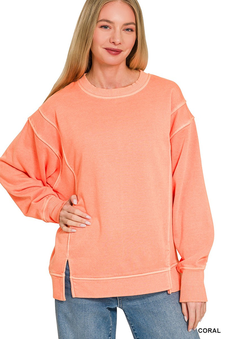 CORAL Pigment-washed exposed-seam fleece crew neck sweatshirt