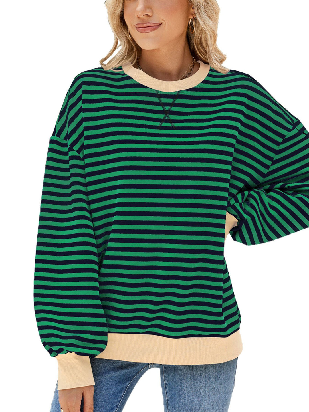 Dark Green Striped crew neck sweatshirt with contrast ribbed trim