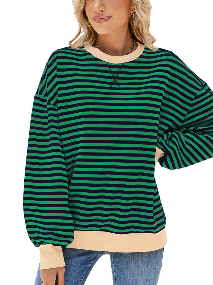 Dark Green Striped crew neck sweatshirt with contrast ribbed trim