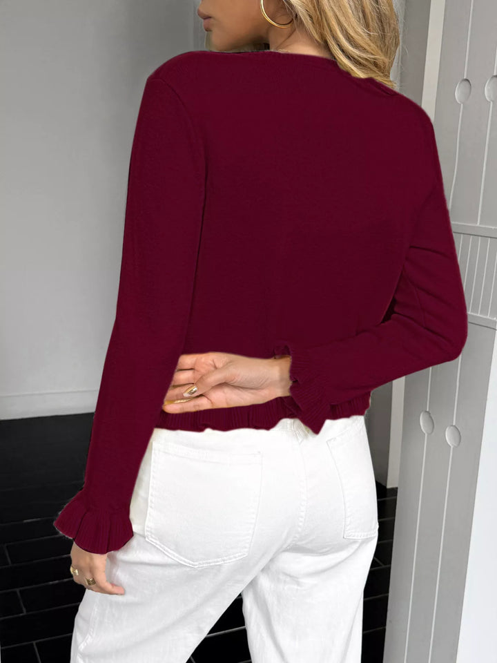 Ruffled trim button-up knit cardigan with crew neck