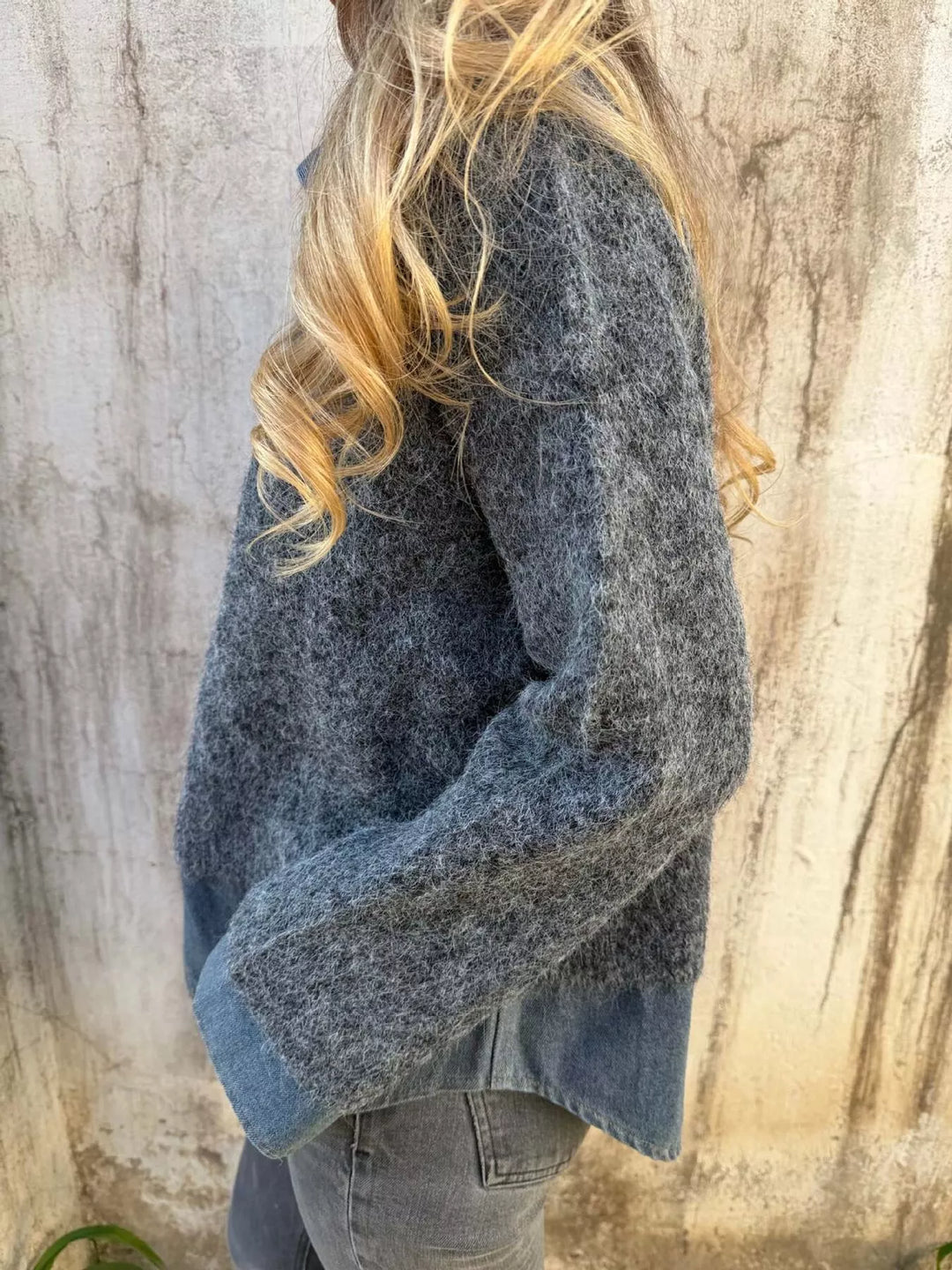 Denim collar half-zip knit sweater with layered hem