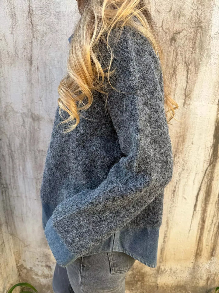 Denim collar half-zip knit sweater with layered hem
