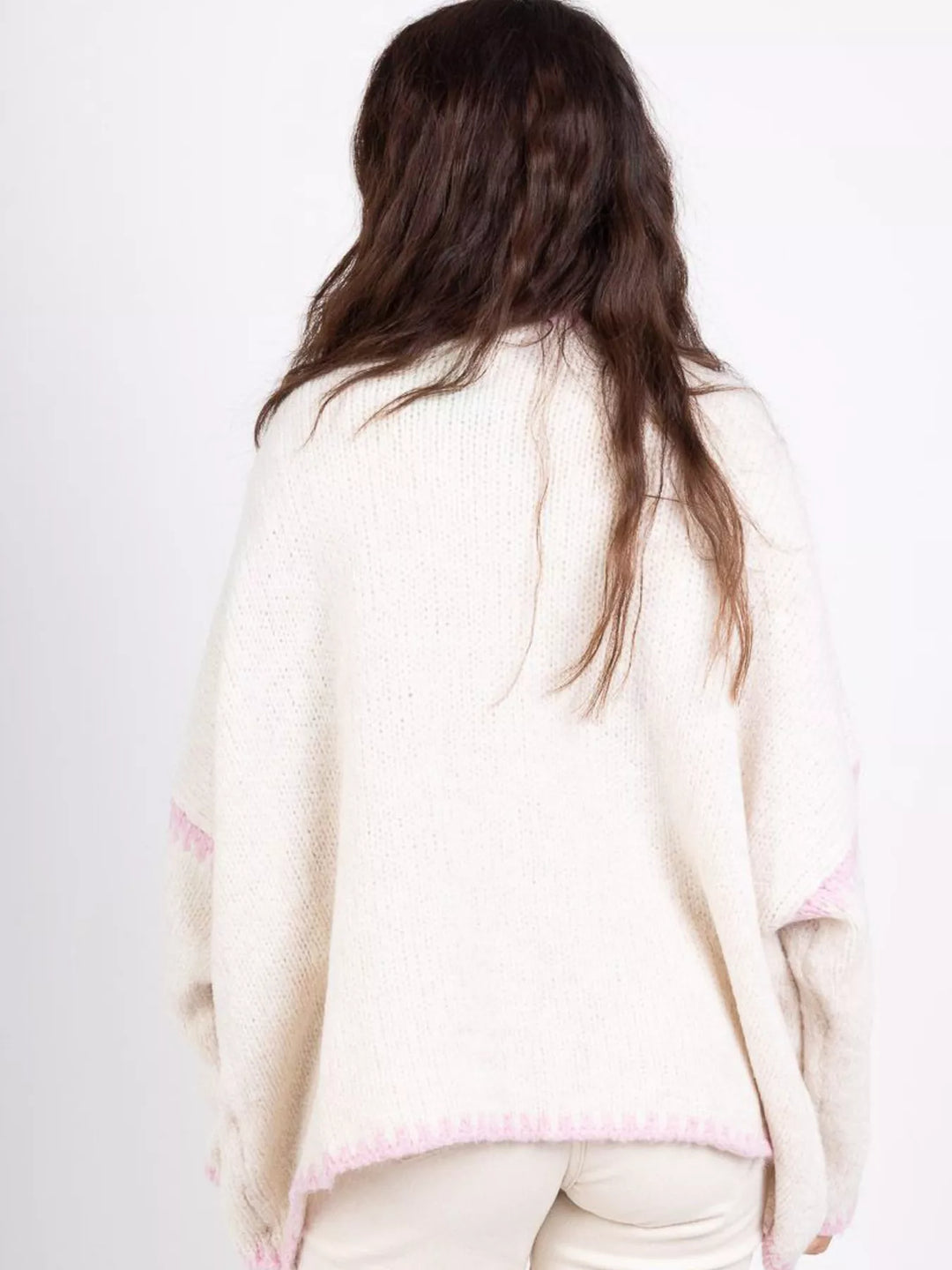 Contrast whipstitch trim open front knit cardigan