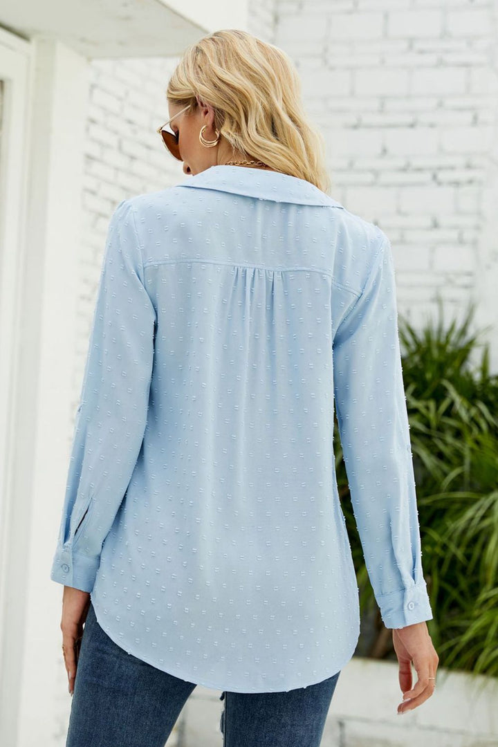 Swiss dot Johnny collar blouse with roll-tab long sleeves