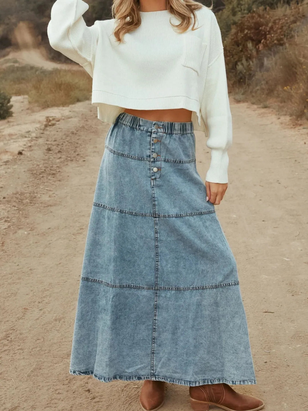 Tiered button-front washed denim maxi skirt