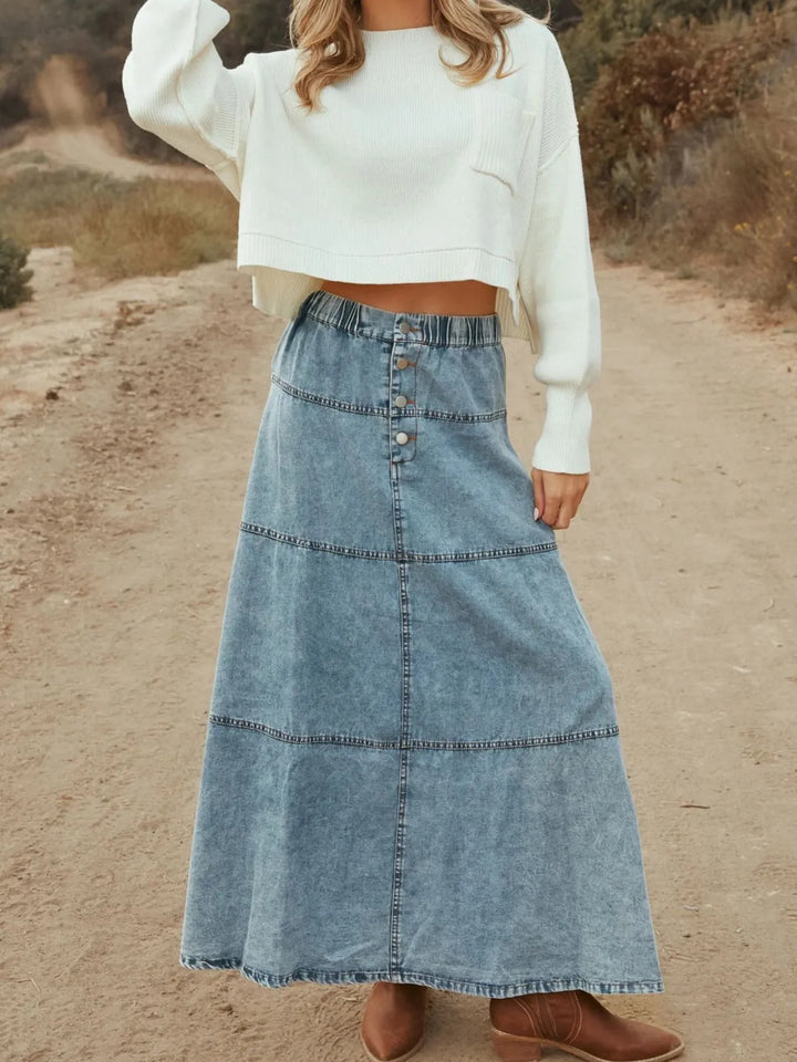 Tiered button-front washed denim maxi skirt