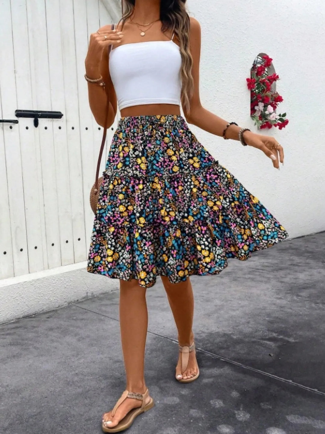 Floral print tiered ruffle mini skirt