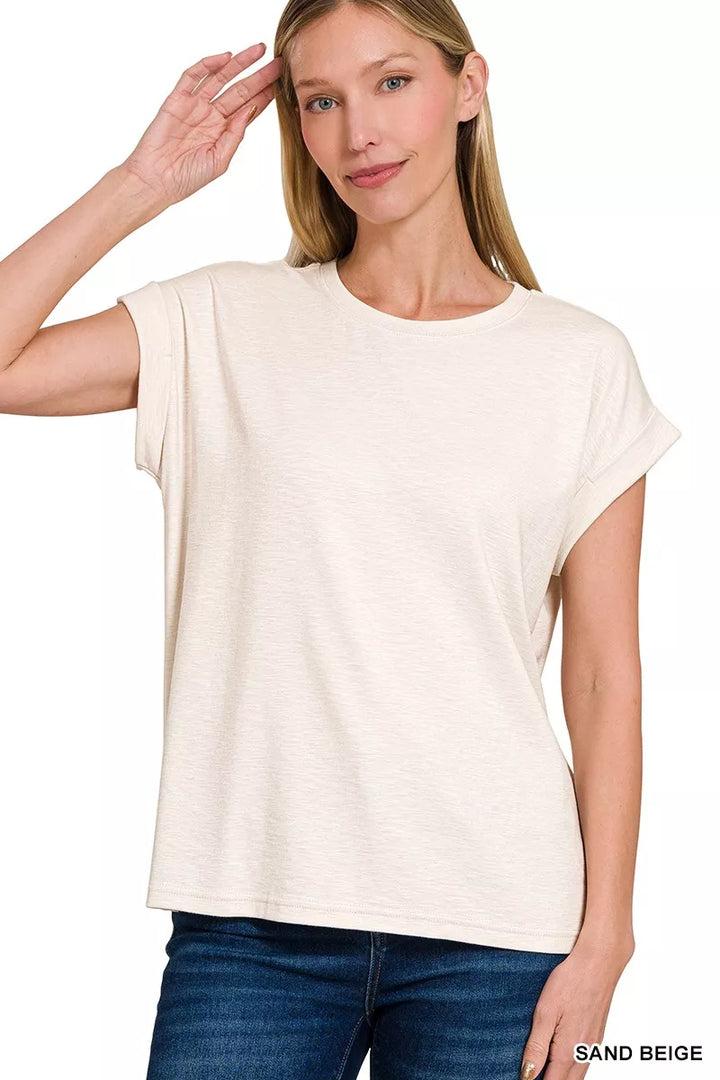 SAND BEIGE Relaxed rolled-sleeve slub knit crew neck tee