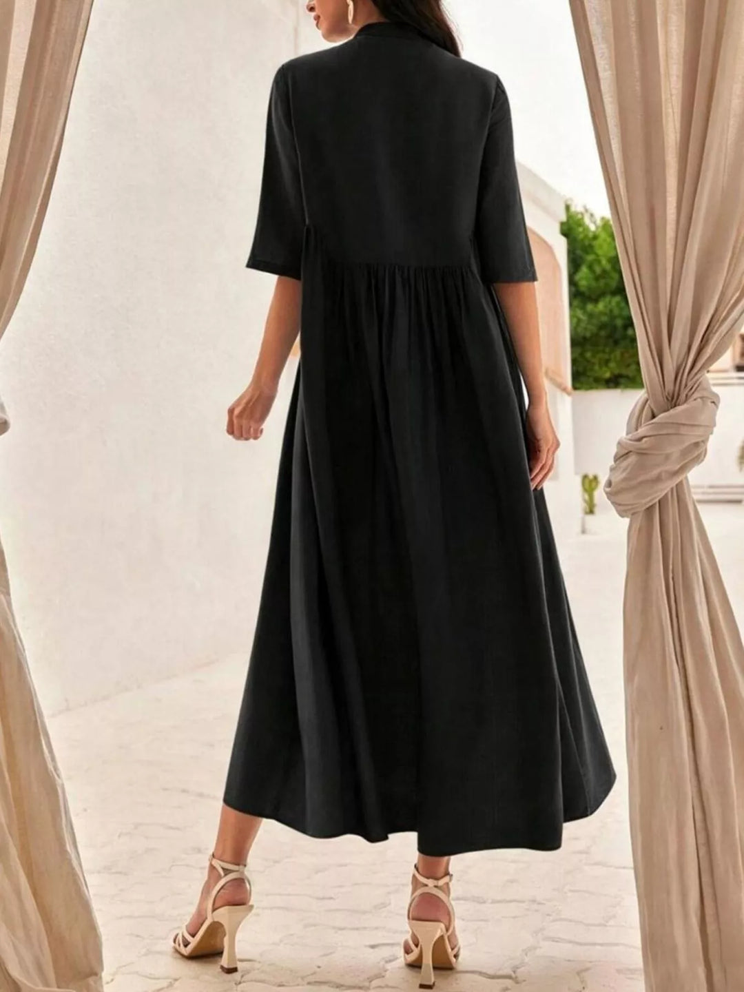 Floral embroidered button-front collared midi dress