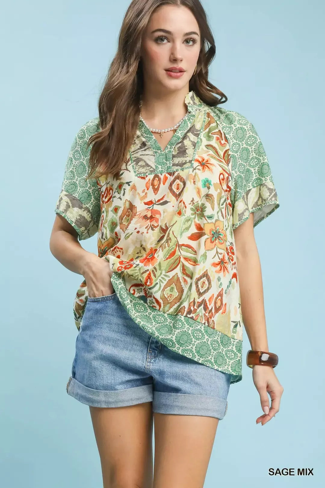 SAGE MIX Mixed print v-neck patchwork blouse with short sleeves