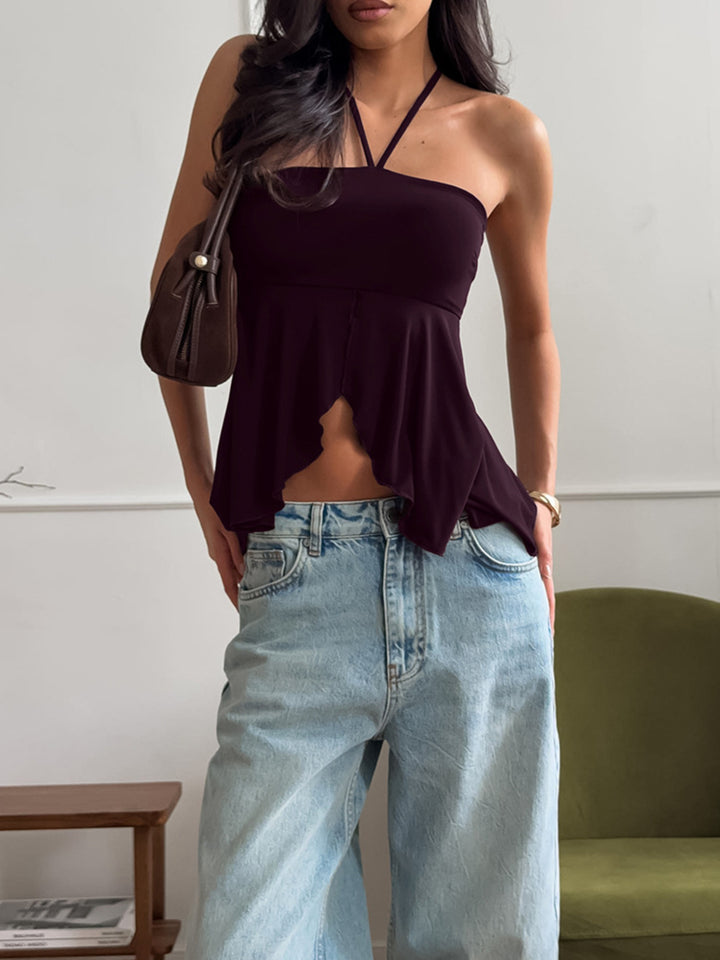 Halter neck cami with asymmetrical split hem