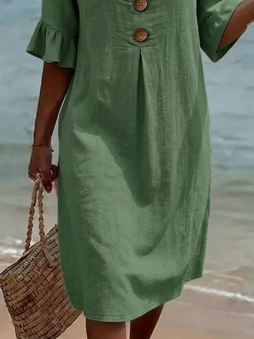 Flounce sleeve button-front pleated midi dress