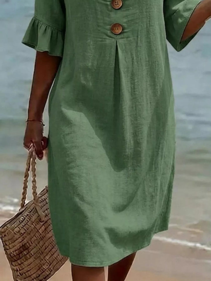 Flounce sleeve button-front pleated midi dress