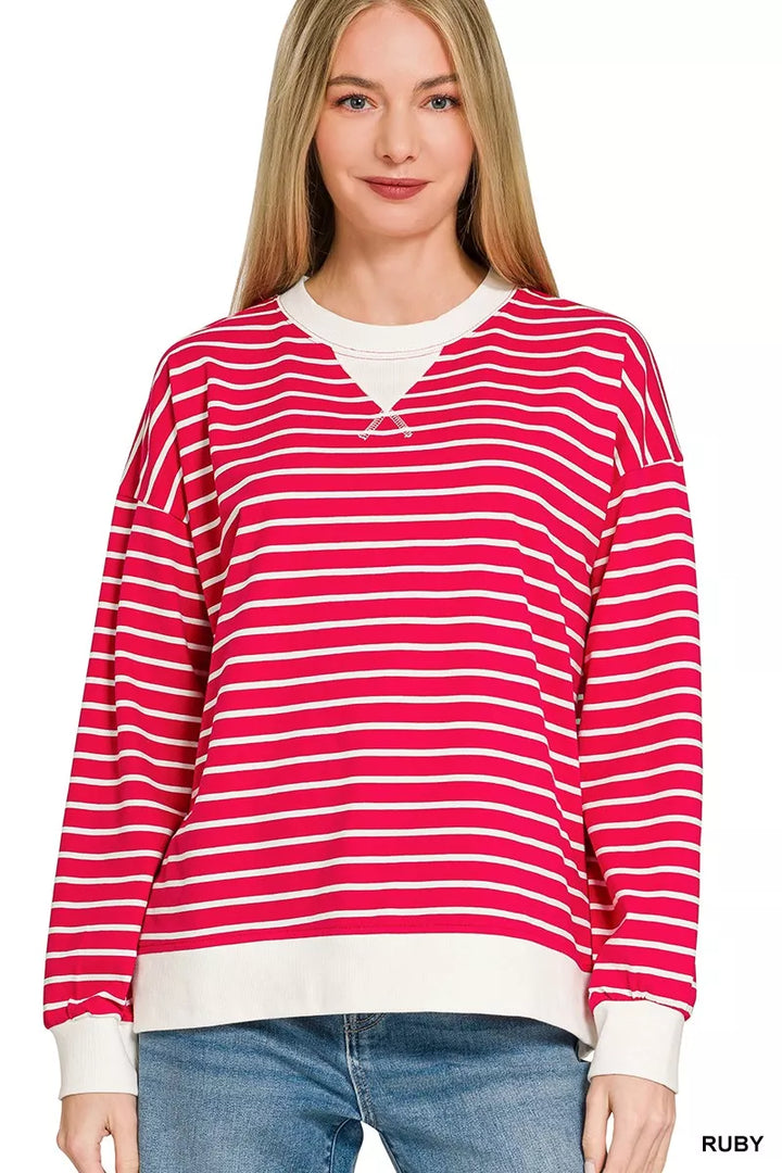 RUBY Contrast striped round neck sweatshirt with ribbed trim