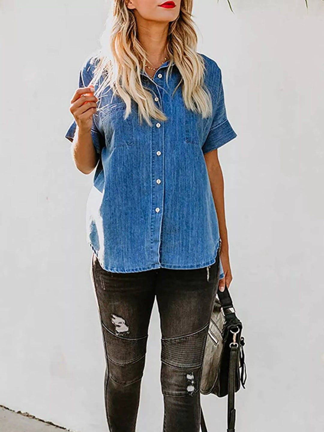 Relaxed short sleeve denim button-down with chest pockets