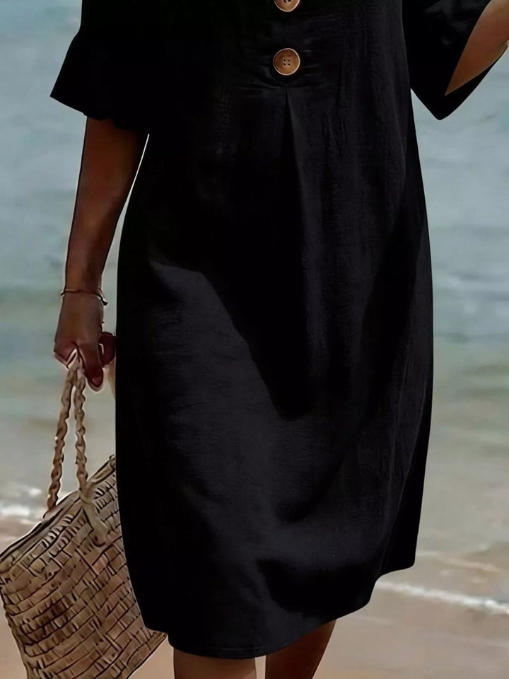 Flounce sleeve button-front pleated midi dress