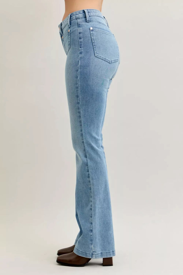 Mid-rise contrast wash bootcut jeans with front patch pockets