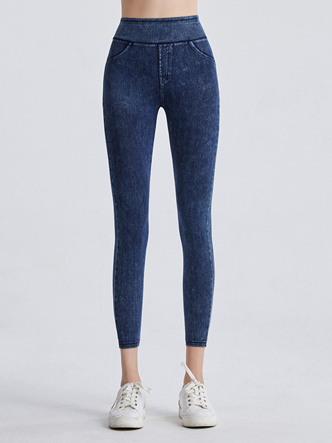 Dark High-waist denim-look sports leggings with faux pockets