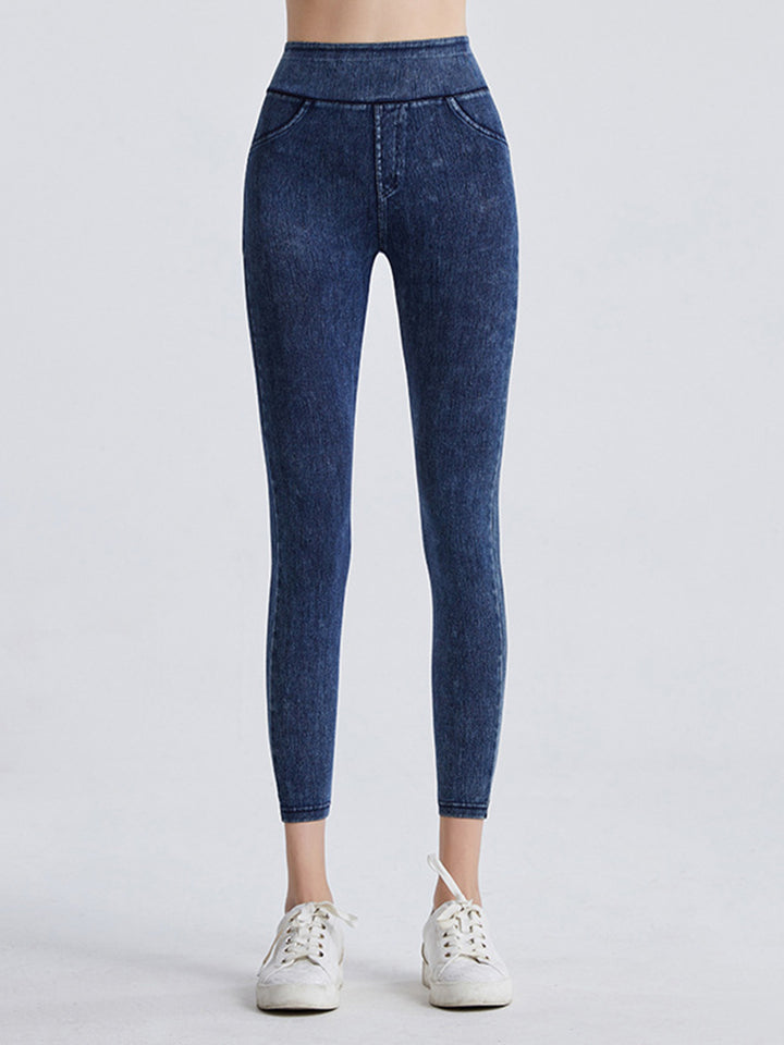 Dark High-waist denim-look sports leggings with faux pockets